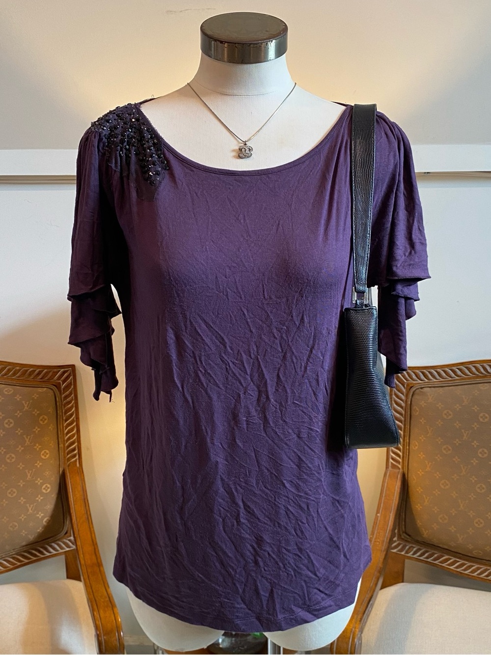 Vintage Cache Y2K Purple Ruffle Flutter Sleeve Embellished Top L Fairy Grunge